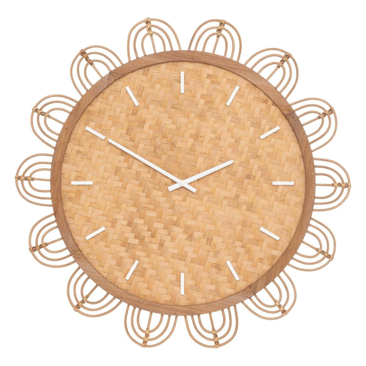Duży zegar na ścianę w salonie Lour, tarcza z rattanu, boho, Ø 65 cm