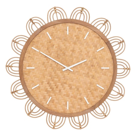 Duży zegar na ścianę w salonie Lour, tarcza z rattanu, boho, Ø 65 cm