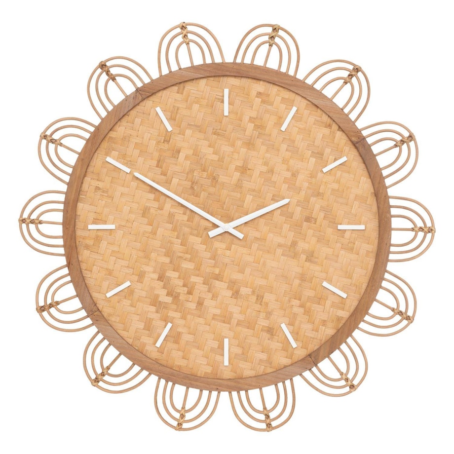 Duży zegar na ścianę w salonie Lour, tarcza z rattanu, boho, Ø 65 cm