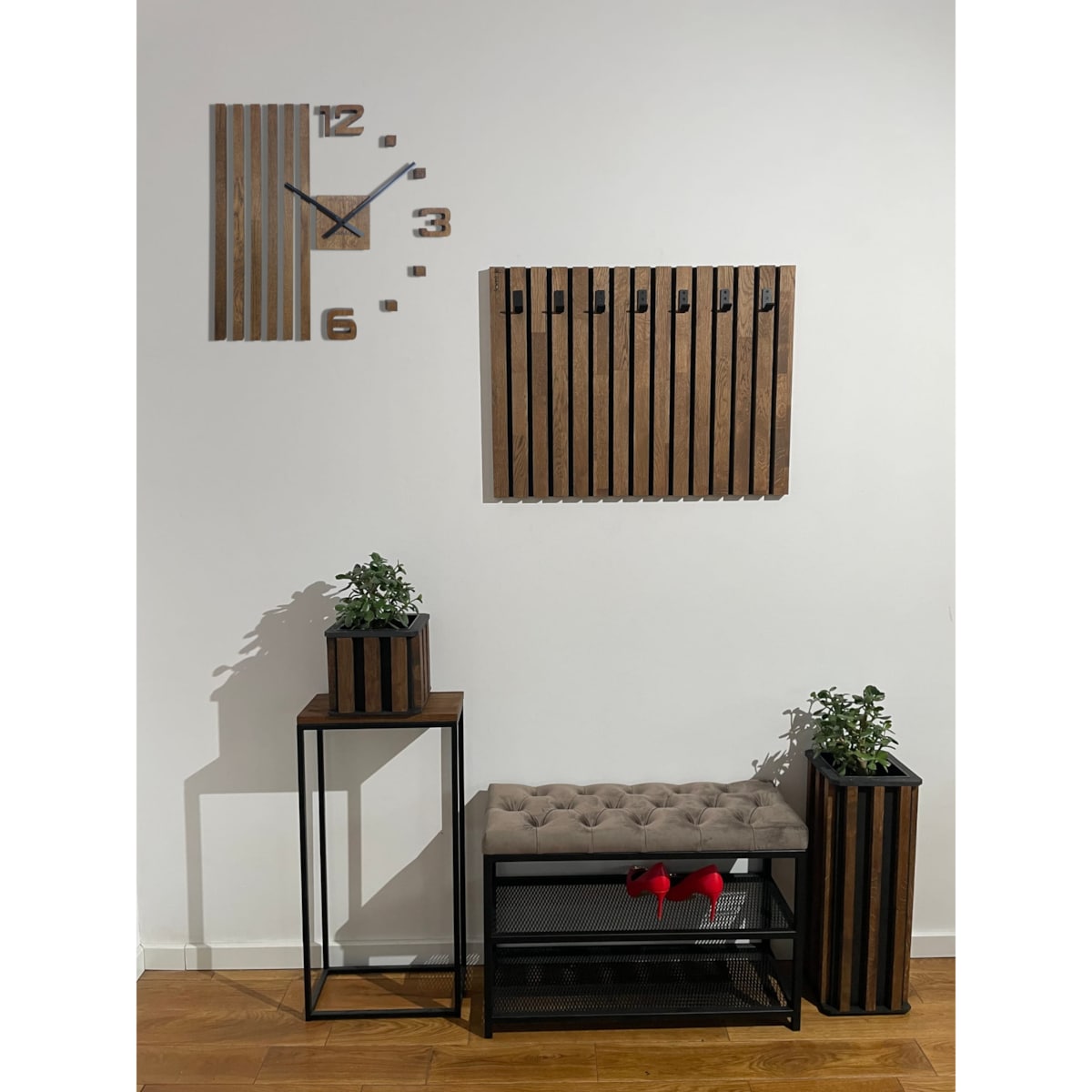 Drewniany zegar ścienny dębowy brązowy LAMELE 60cm