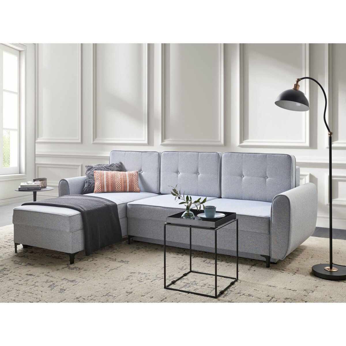 Narożnik rozkładany dla 3 osób SIMRIS Błękitny ze schowkiem Prawostronny