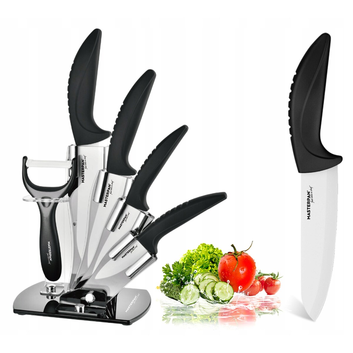 Zestaw Komplet Noży Kuchennych Ceramiczne W Stojaku 5 El. Obieraczka Ostre