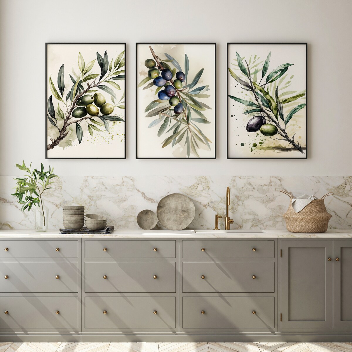 ZESTAW 3X PLAKAT W RAMIE DO JADALNI GAŁĄZKI OLIWNE AKWARELE LIŚCIE 60x80cm