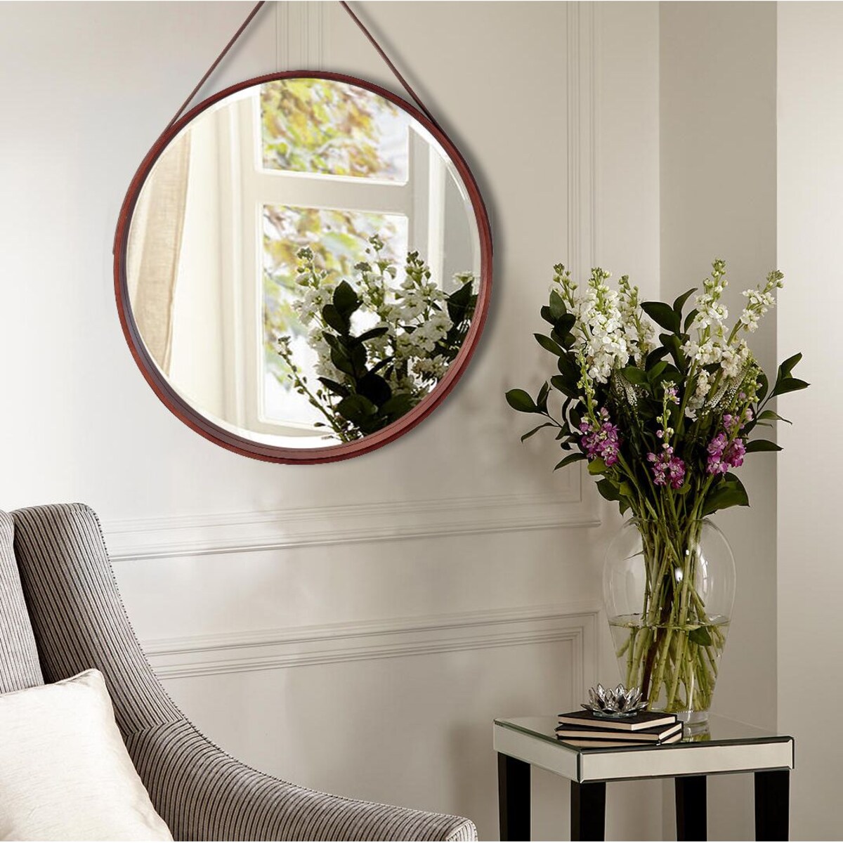 Lustro na pasku okrągłe drewniane 50 cm NBKL-19028