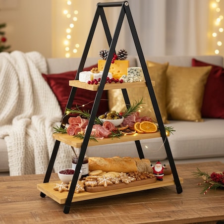 Patera Drewniana 3 Piętrowa na Przekąski Piramida Drewniana Metalowa