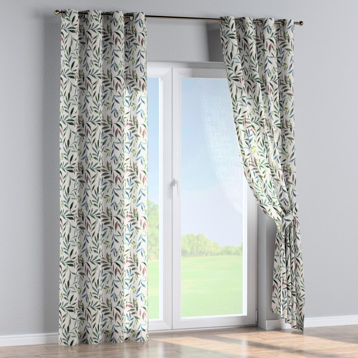 Zasłona na kółkach 1 szt. 130x245 zielone gałązki na białym tle