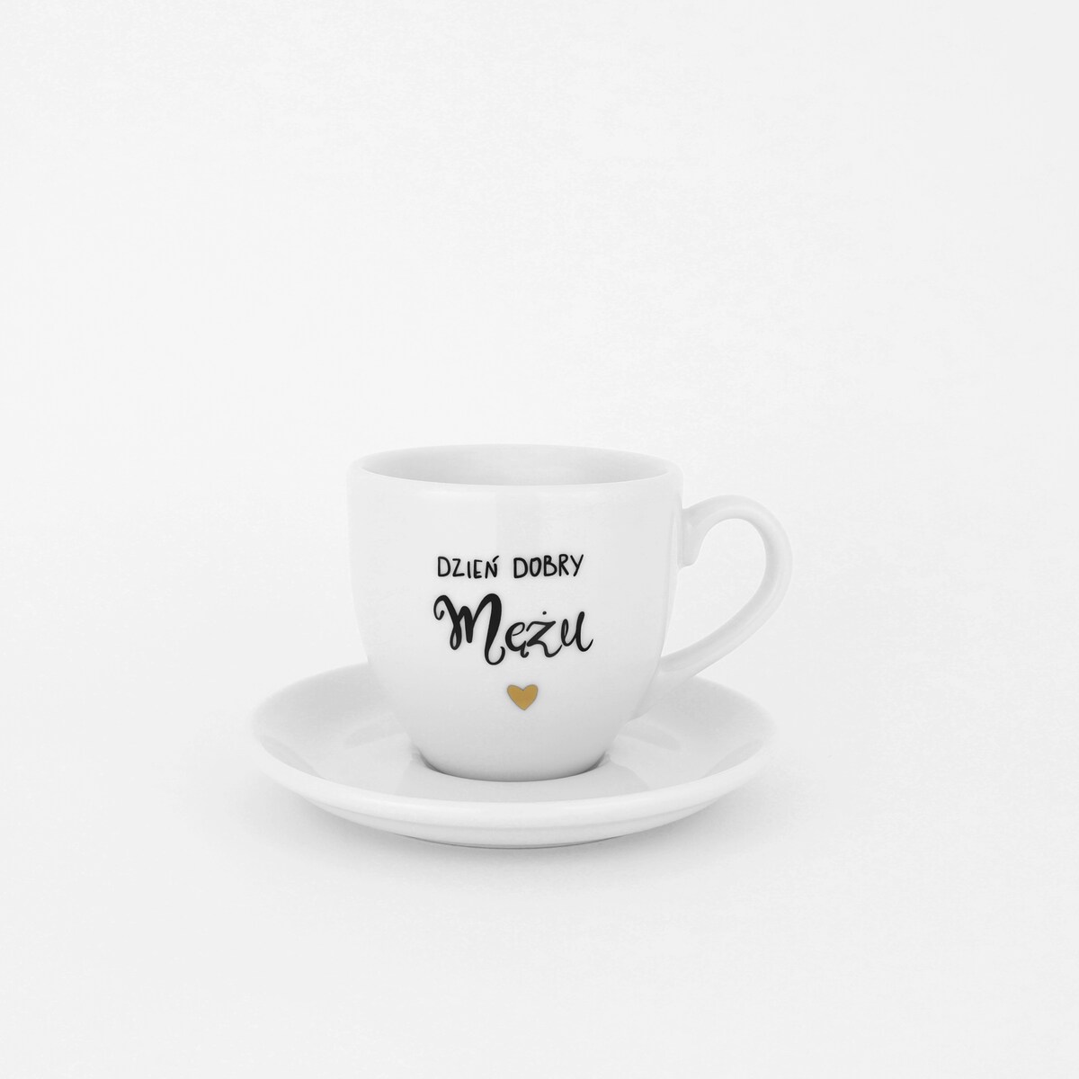 Biała Filiżanka Porcelanowa Espresso ze Spodkiem 100 ml - Napis Dzień Dobry Żono ze Złotym Sercem dla Żony na Rocznicę Ślubu