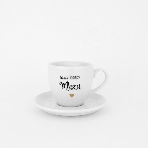 Biała Filiżanka Porcelanowa Espresso ze Spodkiem 100 ml - Napis Dzień Dobry Żono ze Złotym Sercem dla Żony na Rocznicę Ślubu
