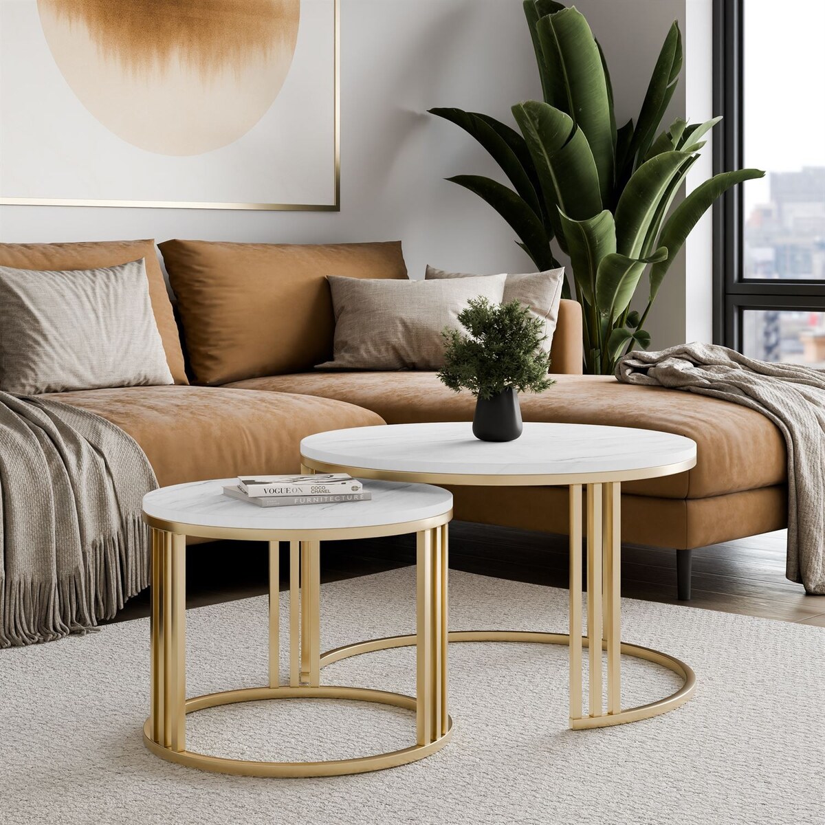 Okrągły stolik kawowy 2w1 LORI MAT złoto szczotkowane, blat Marmur Levanto