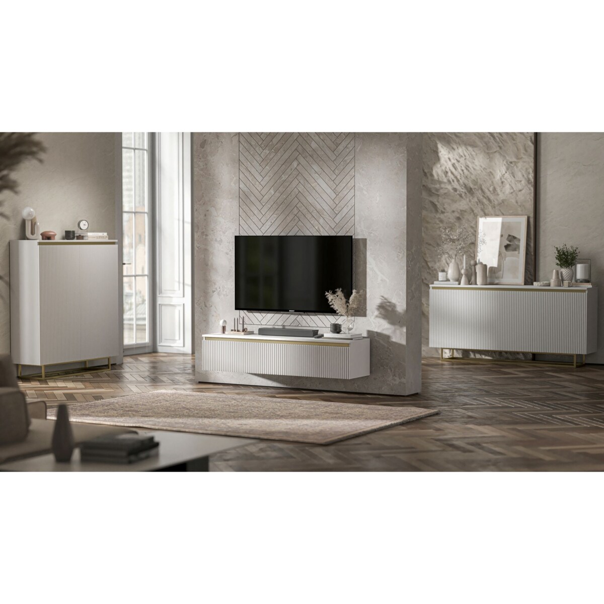 Nowoczesna Wisząca Szafka RTV Glamour Komoda RTV Biały Mat 140 cm