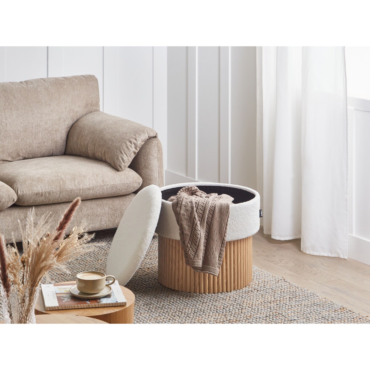 Puf ze schowkiem RICHEY Boucle Złamana biel 50 cm 50 cm 46 cm