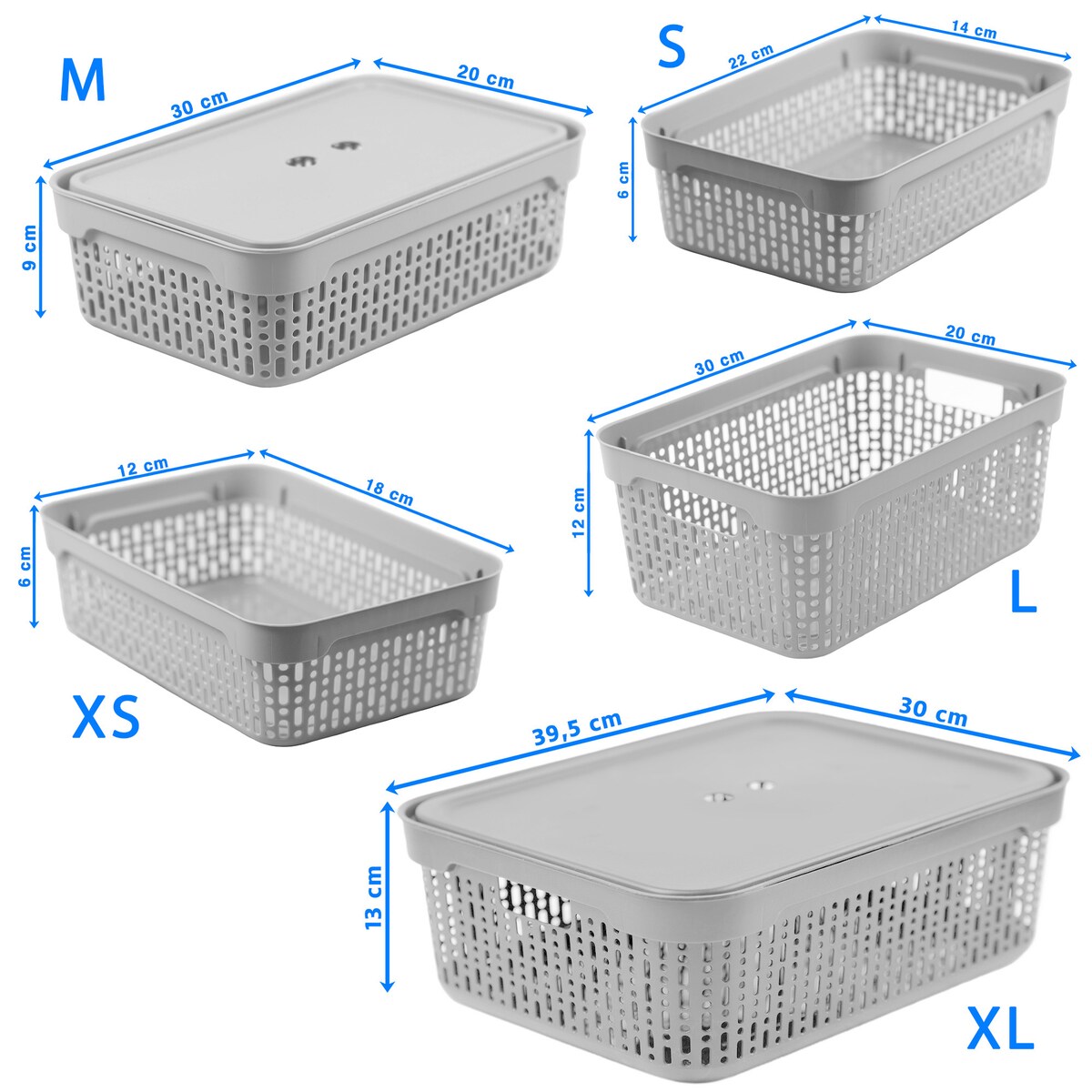 5X Koszyk Koszyczek Ażurowy Plastikowy Na Kosmetyki Do Łazienki Pojemnik Z Pokrywką Zamykany Z Dziurkami Jasnoszary Zestaw