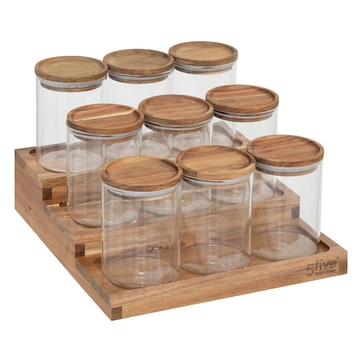 Słoiki na przyprawy na drewnianej półce HARMONY, 9 x 180 ml