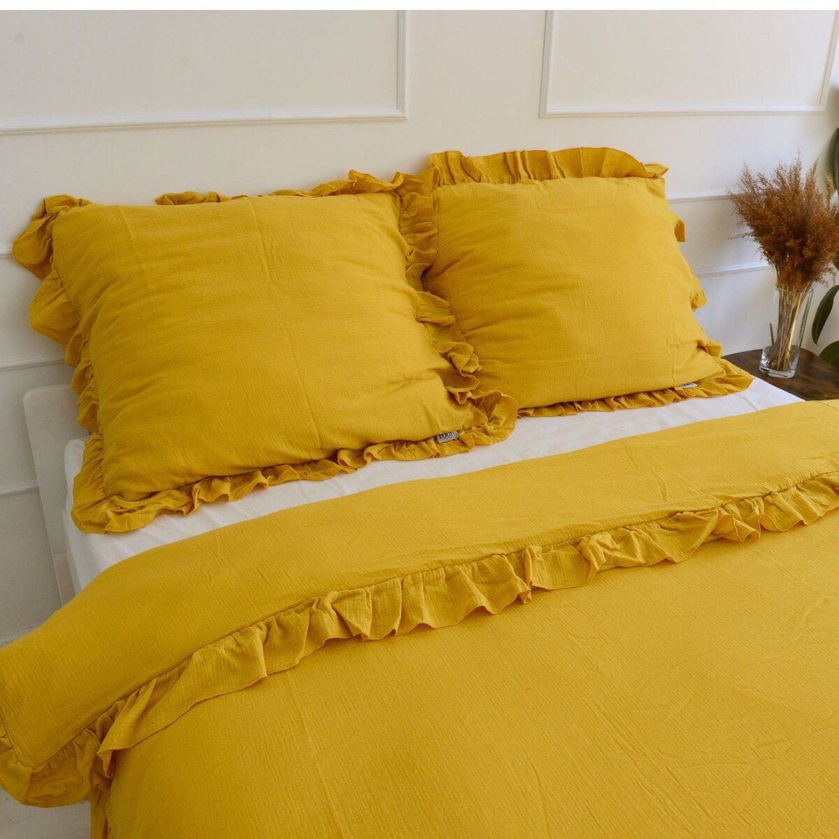 Pościel muślinowa z falbanką musztardowa 200x200 + 2x50x60