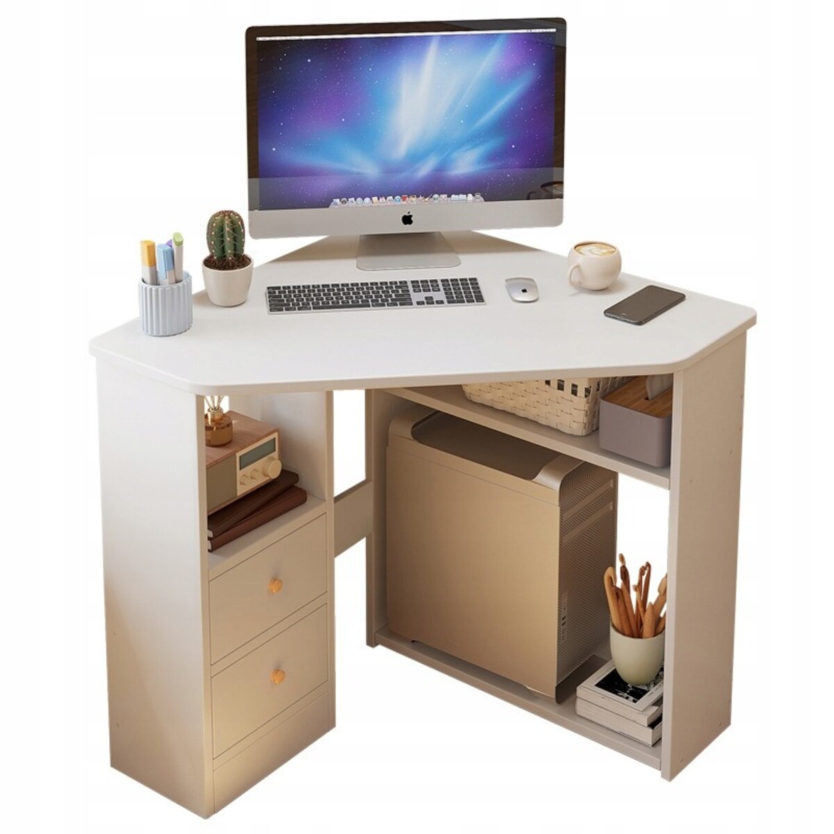 Biurko narożne trójkątne komputerowe z półkami nowoczesne białe loft 80x75