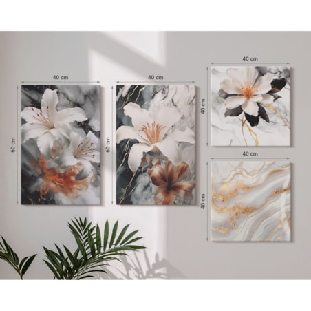 Zestaw 4 obrazów na płótnie - Kwiaty marmur biel czerń - szary