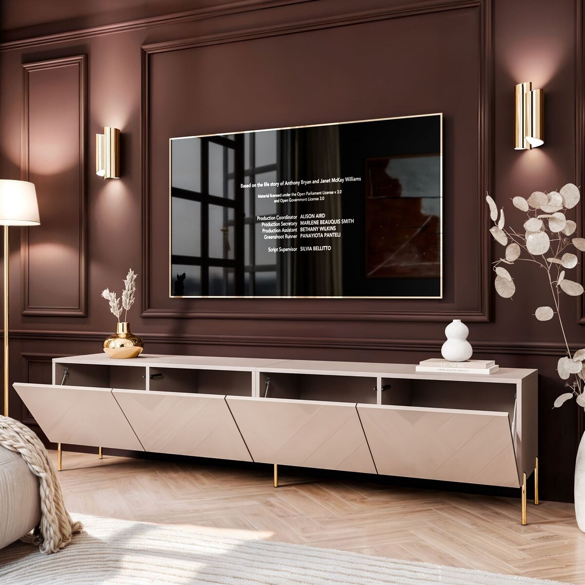 Szafka RTV COLGANTE 200 kaszmir wysoki połysk, oświetlenie LED, nóżki proste złote