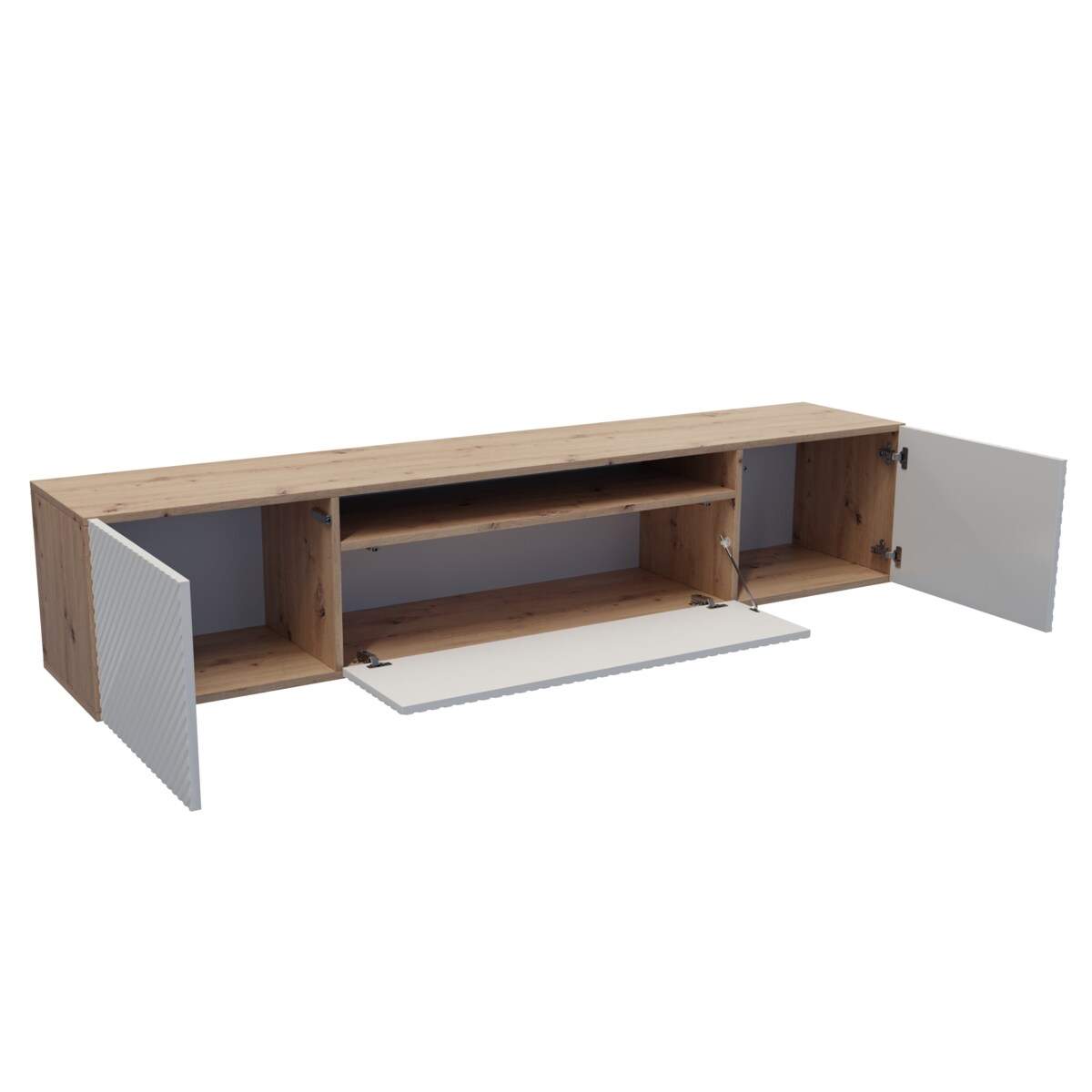 Szafka RTV NIKOL wisząca pod telewizor, frezowane fronty- biała+artisan