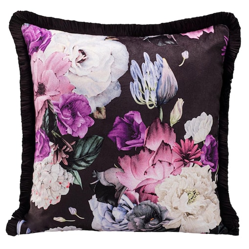 Poszewka dekoracyjna 43x43 fioletowa w kwiaty z frędzlami