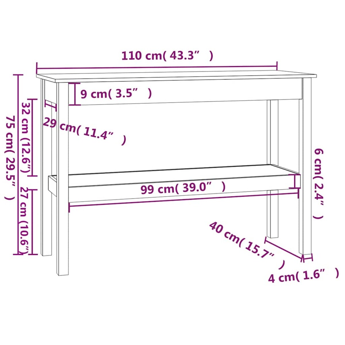 vidaXL Stolik konsolowy, biały, 110x40x75 cm, lite drewno sosnowe