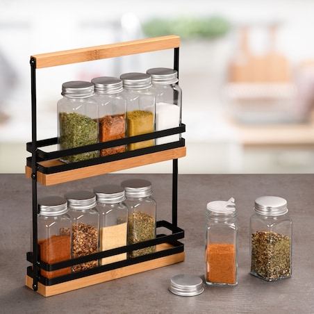 Organizer na przyprawy 30x25x5,2 cm i 10 szklanych pojemniczków 100 ml