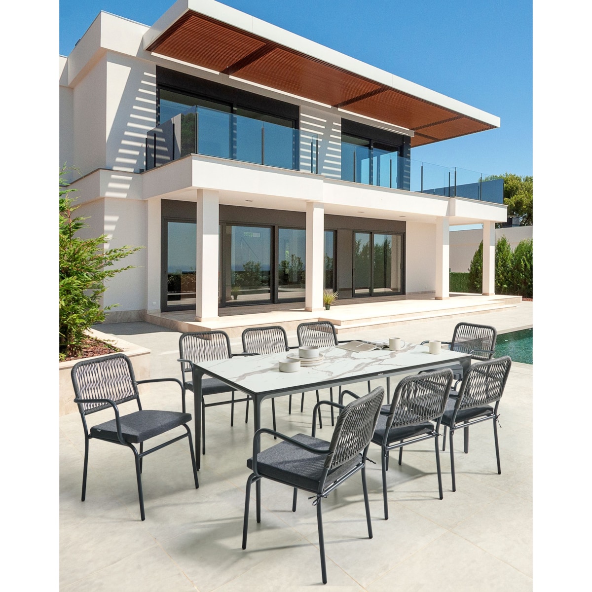 Zestaw 8 krzeseł ogrodowych z poduszkami TACENO Metal Szary