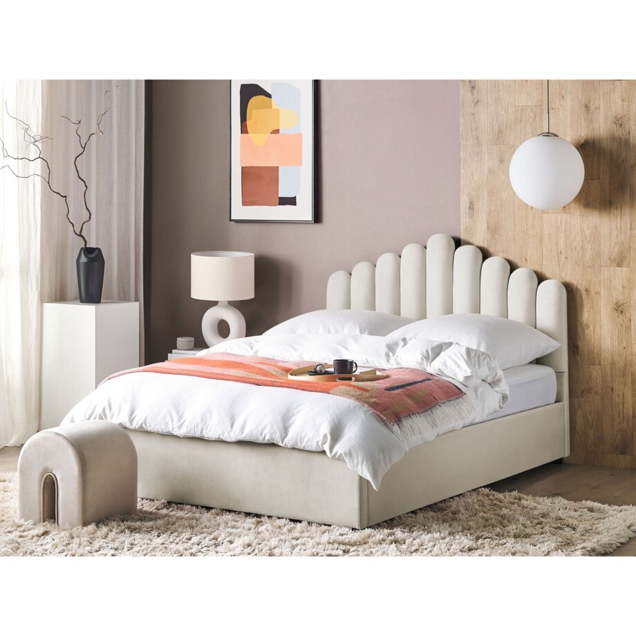 Łóżko z pojemnikiem welurowe 160 x 200 cm złamana biel VINCENNES