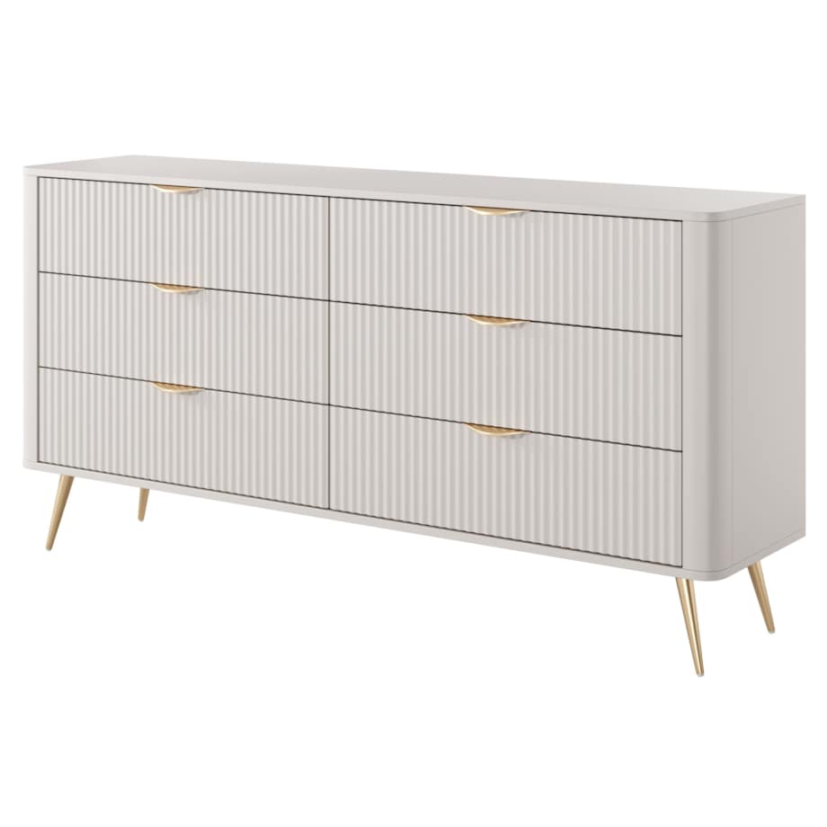 Komoda nowoczesna 6S LENA, ryflowana w kolorze beżowym na złotych nóżkach