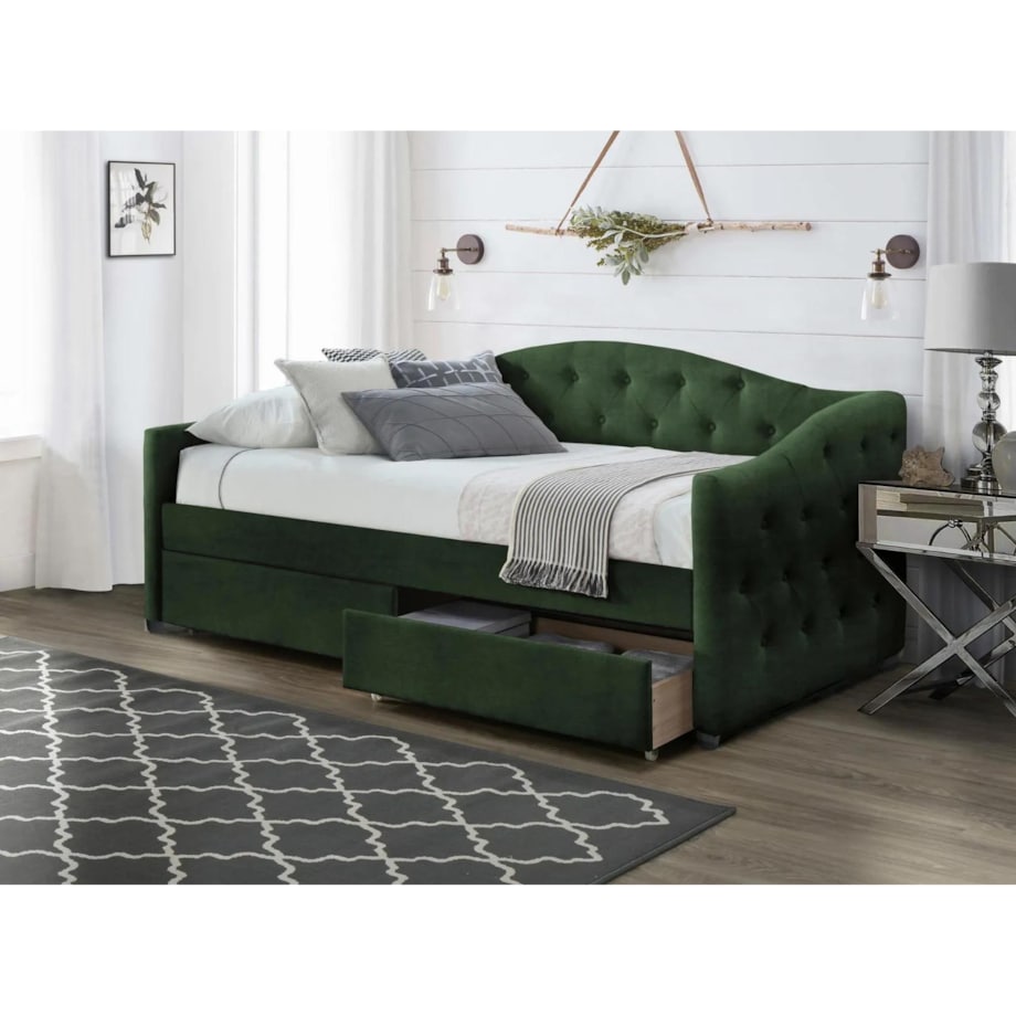 Łóżko tapicerowane ALOHA 90x200 zielone z szufladami