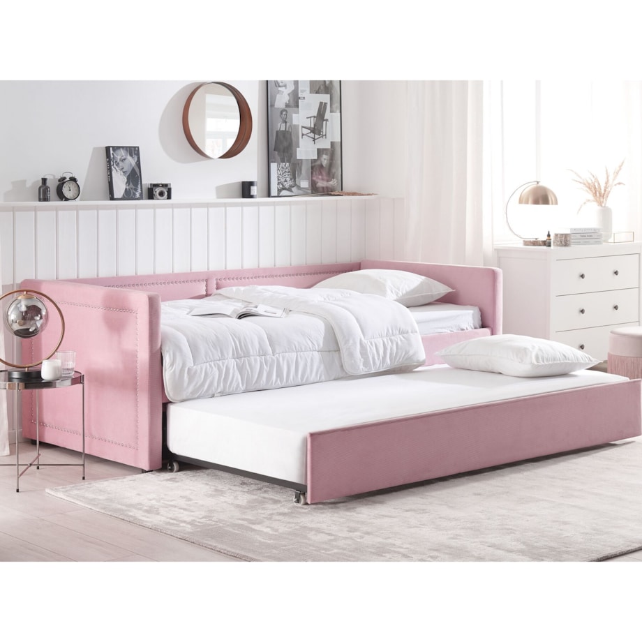 Łóżko wysuwane welurowe 90 x 200 cm różowe MIMIZAN