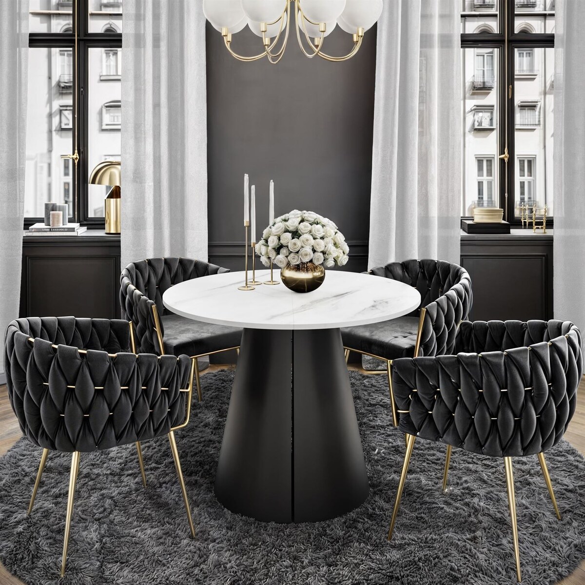 Okrągły stół rozkładany LAVA, średnica 100cm, czarny / Marmur Bianco