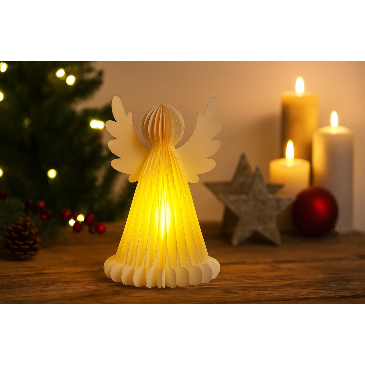 Świecąca dekoracja świąteczna, papierowy anioł z 6 LED