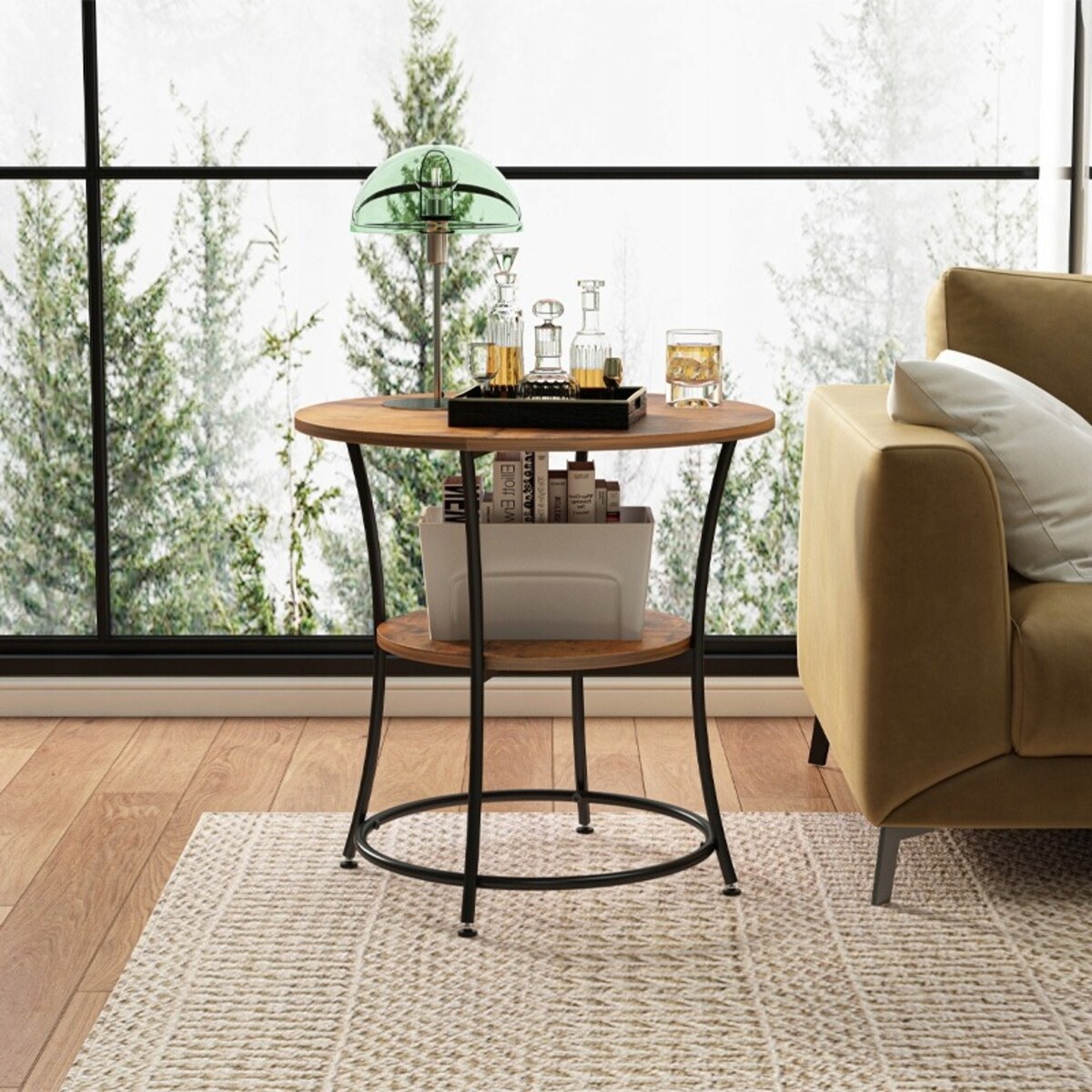 Stolik kawowy ława industrialny okrągły do salonu z półką brąz loft 55 cm