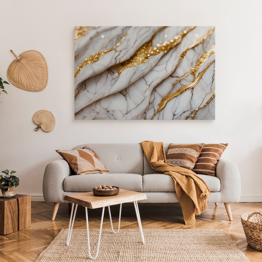 OBRAZ DO SYPIALNI BIAŁY NOWOCZESNY MARMUR ELEMENTY ZŁOTA 40x30cm