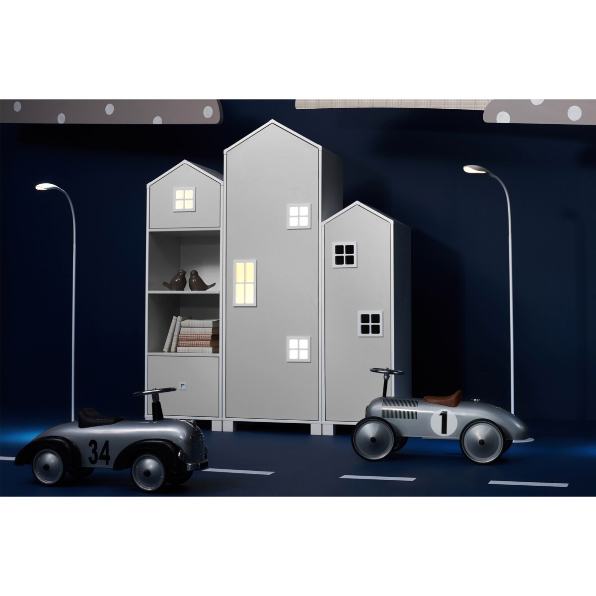 KONSIMO MIRUM Szary regał z szufladą w kształcie domku dla chłopca