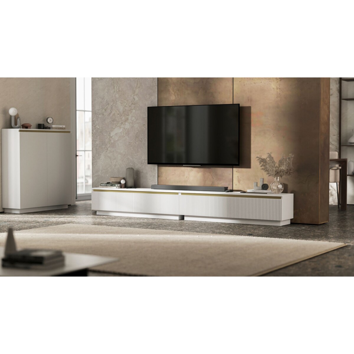 Nowoczesna Szafka RTV Glamour Komoda RTV Biały Mat 280 cm ryflowane fronty