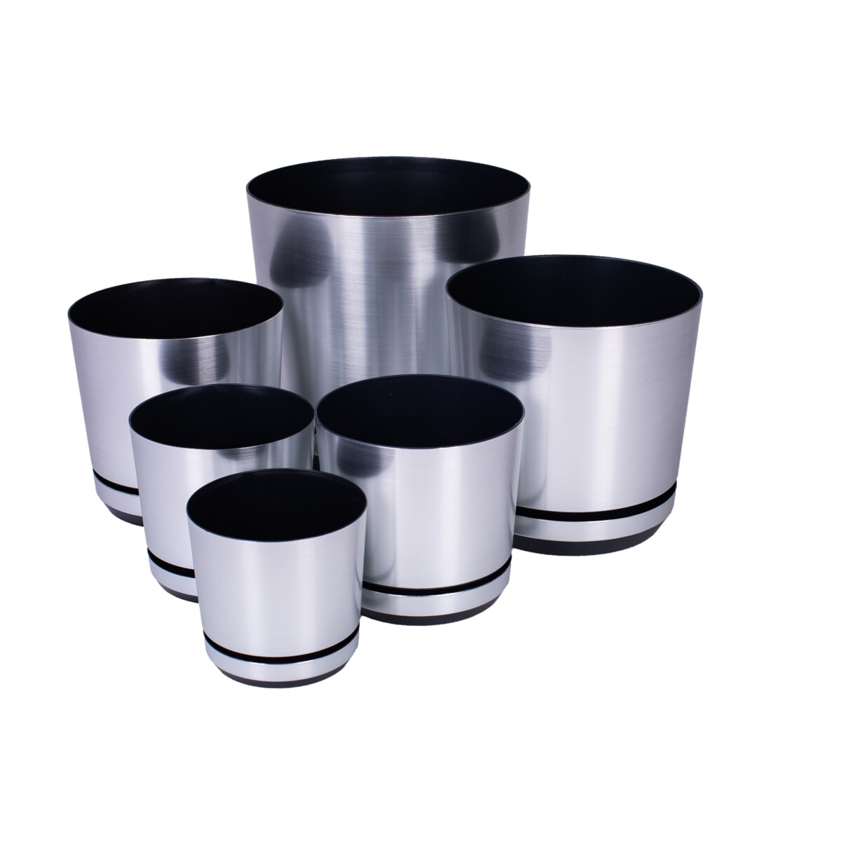 26 cm wzór ALUMINIUM Doniczka z podstawką efekt metalu z drenażem z połyskiem gładka srebrna