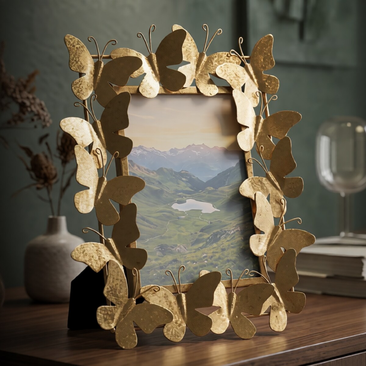 Ramka na zdjęcia Butterfly Glam, zdjęcie 15 x 20 cm, kolor złoty, żelazo i szkło, rama 28 x 11,5 x 30,5 cm, motyw: motyle, Mauro Ferretti