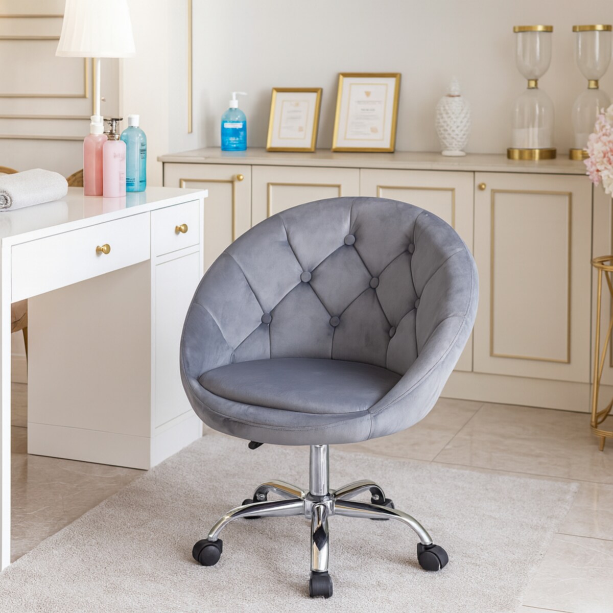 Fotel podnoszony ELEGANCKI obrotowy WELUR na kółkach RUNDO szary JUMIhome