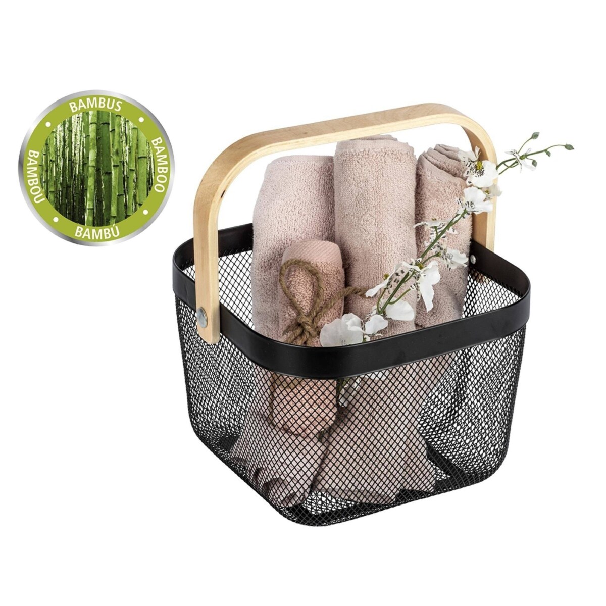 Koszyk metalowy na kosmetyki BAMBUSA, z bambusową rączką, WENKO