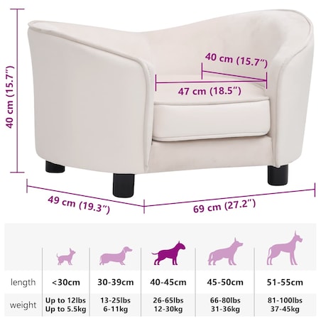 vidaXL Sofa dla psa, kremowa, 69x49x40 cm, plusz i sztuczna skóra