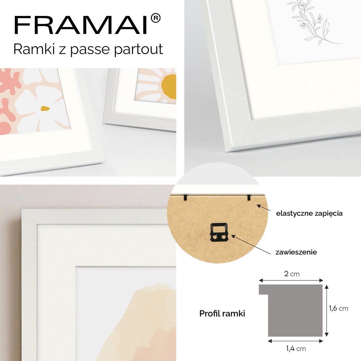 Ramka na zdjęcia z passe partout ramka 60x80 cm z okienkiem passe partout na zdjęcie 40x60 cm kolor biały FRAMAI®