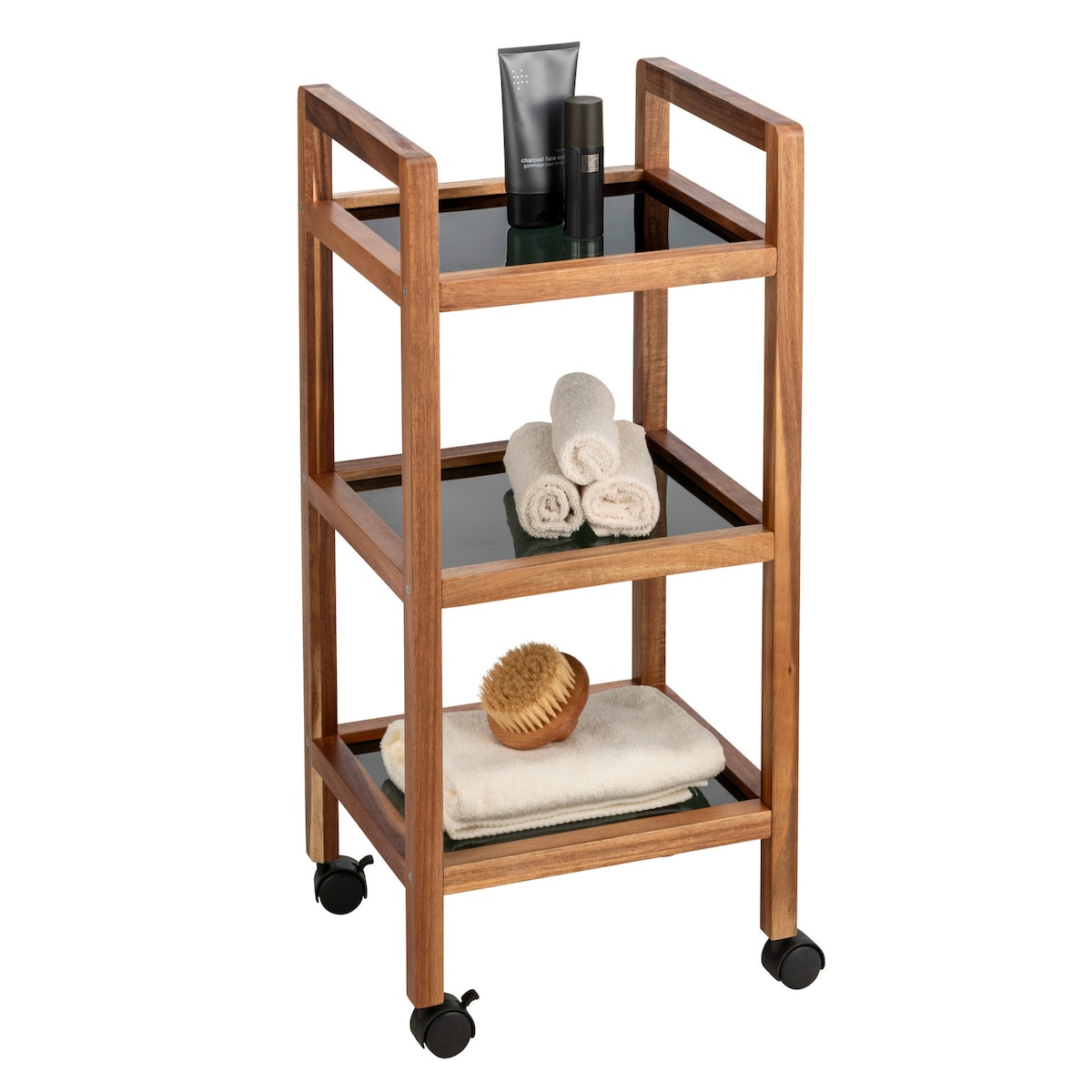 Mobilny regał z drewna akacji FONDI, 3 poziomy, wys. 76,5 cm