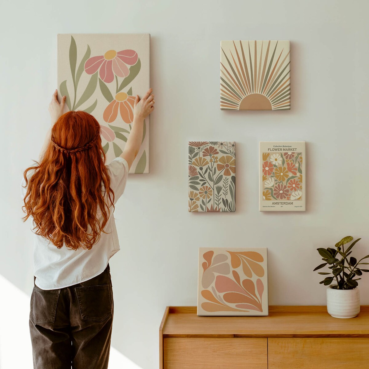 Zestaw 5 obrazów na płótnie - Styl boho kwiaty geometryczne - pomarańczowy