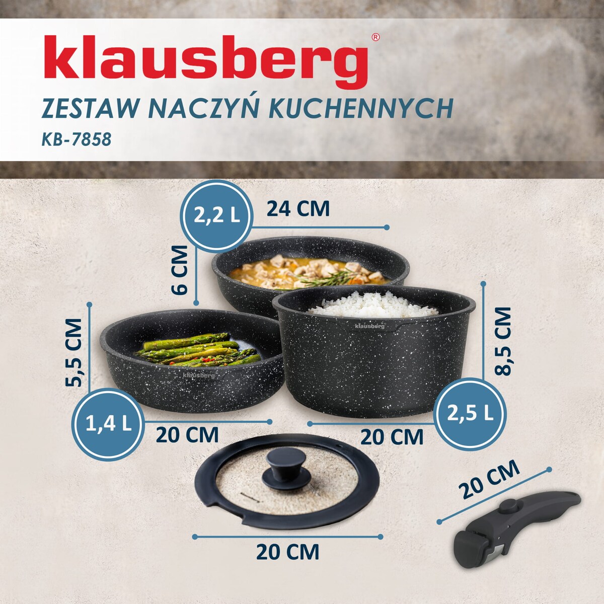 Komplet garnków z marmurkową powłoką nieprzywierającą 5-ele KLAUSBERG