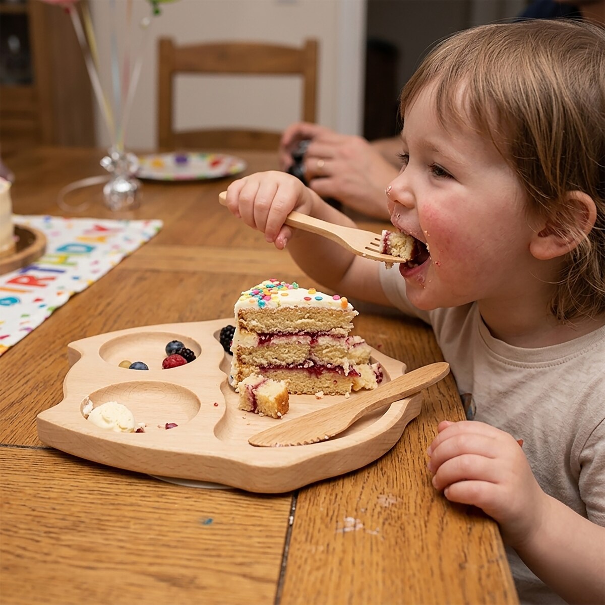 Tacka Drewniana Dla Dzieci Sowa Zestaw Talerzyk + Sztućce Naturalne Drewno