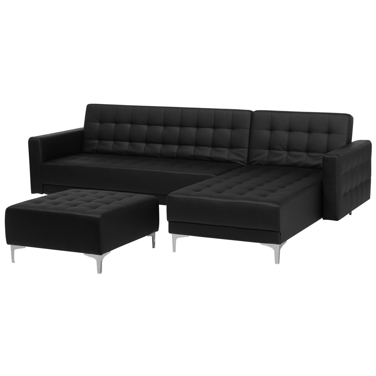 Narożnik rozkładany 4-osobowy z otomaną ekoskóra lewostronny czarny ABERDEEN