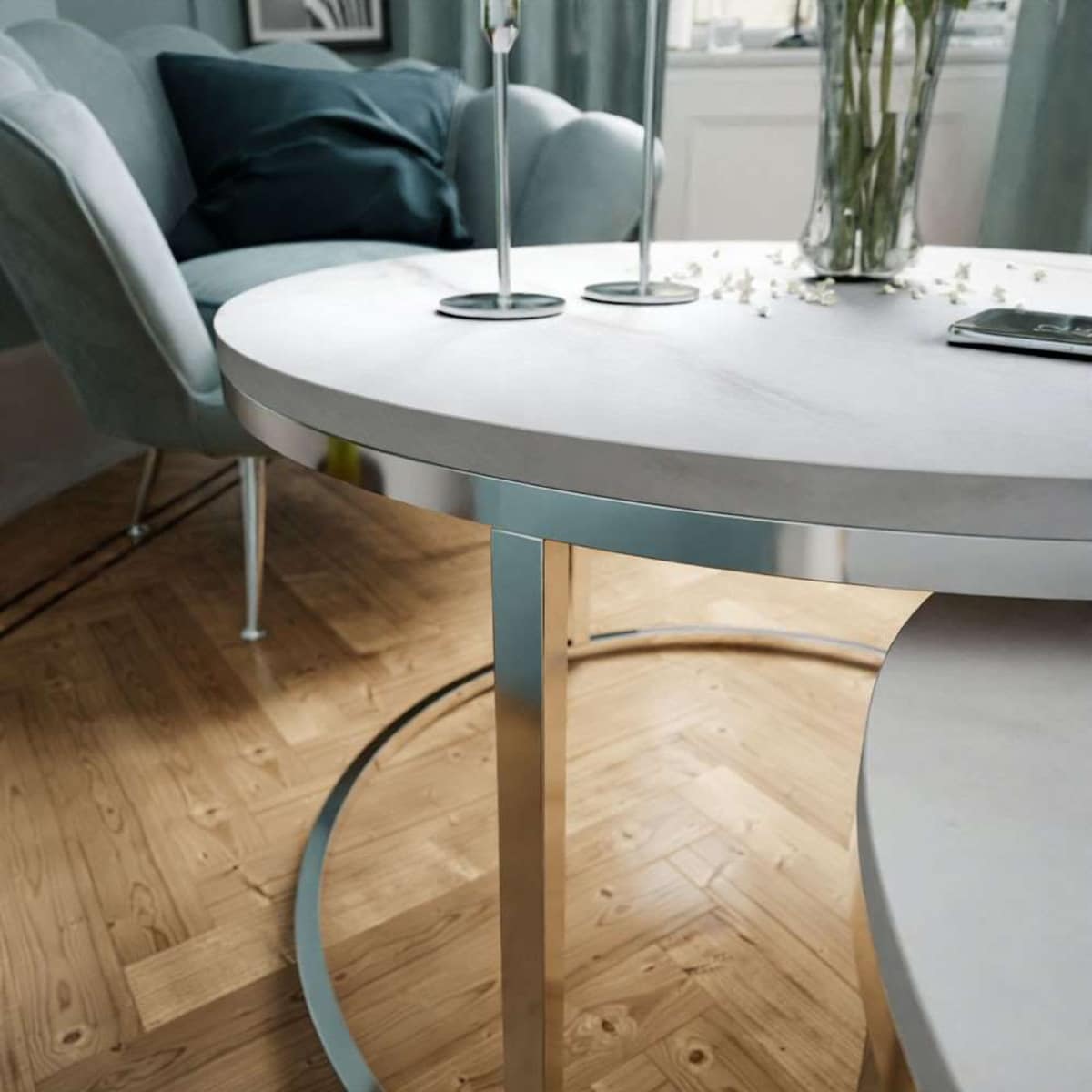 Okrągły stolik kawowy CIRI 2w1 chrom marmur levanto