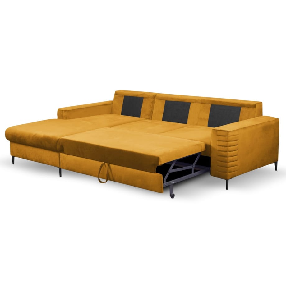 Narożnik rozkładany z zagłówkiem i pojemnikiem OLI lewostronny musztardowy