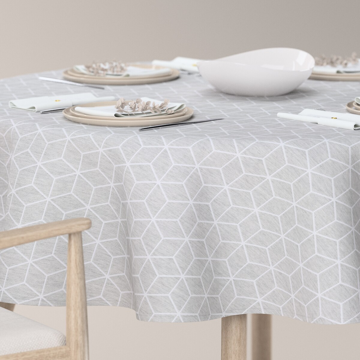 Obrus okrągły 130 x 130 cm wzór sześcianów na szarym tle